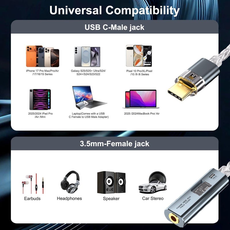 Mxcudu محول USB C إلى 3.5 مم مزود بشريحة DAC مزدوجة CX31993&MAX97220، دنجيل صوتي مع مضخم HiFi، محول USB C إلى 3.5 مم لسماعات الرأس وموصل USB A لأجهزة Android وiPhone وiPad وPC وMac - Image 3